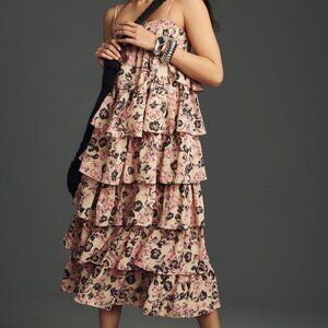 🩷🌸Anthropologie Endless Rose Feminine Tiered Ruffled Midi Dress NWT 🌸🩷